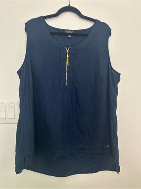 Ellen Tracy Women’s 2X 100% Linen Navy Sleeveless Top Gold Zip Coastal